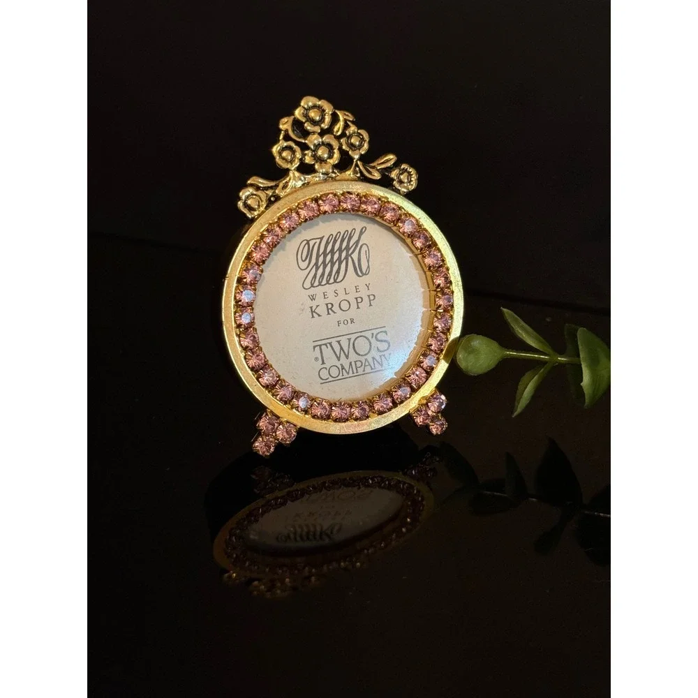Wesley Kropp for Twos Company Gold Pink Rhinestone Mini Round Picture Frame